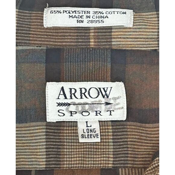 Perfect for Fall Vintage ARROW Sport Men's Large Brown Plaid Shirt - Picture 3 of 9